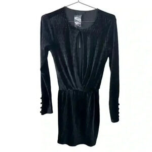 h:ours Black Velvet‎ Deep V Neckline Long Sleeve Mini Dress